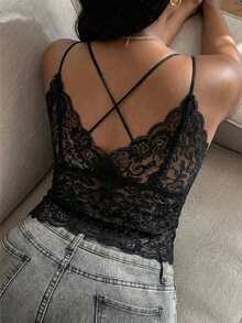 Dazy Plus Plus Size Women's Black Lace Camisole With Adjustable Straps, Padded, Sexy Elegant, Suitable For Spring And Summer Going Out Concert Tops - Black - View 1