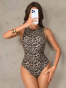 Shapewave Women's Leopard Print One-Piece Swimsuit, Suitable For Beach Vacation Vacation, Pool Party, Beach Party Beige Summer Tropical - Multicolor - View 8