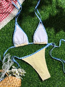 Swim Mod 女款夏季海灘撞色掛脖綁帶性感比基尼三角泳褲兩件式泳衣套裝 - 黃色 - 查看 2