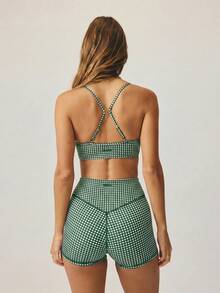 Aralina Leisurewear Plaid Gingham Printed Cropped Cami Top And High Waisted Short Two Pieces Active Gym Workout Set - Dark Green - View 2