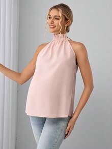 SHEIN Maternity Sweet Fashionable Elegant Elastic Neckline Ruched Tank Top Baby Shower Summer Pink And Blue Wedding Gender Reveal Guest Delivery - Pink - View 7