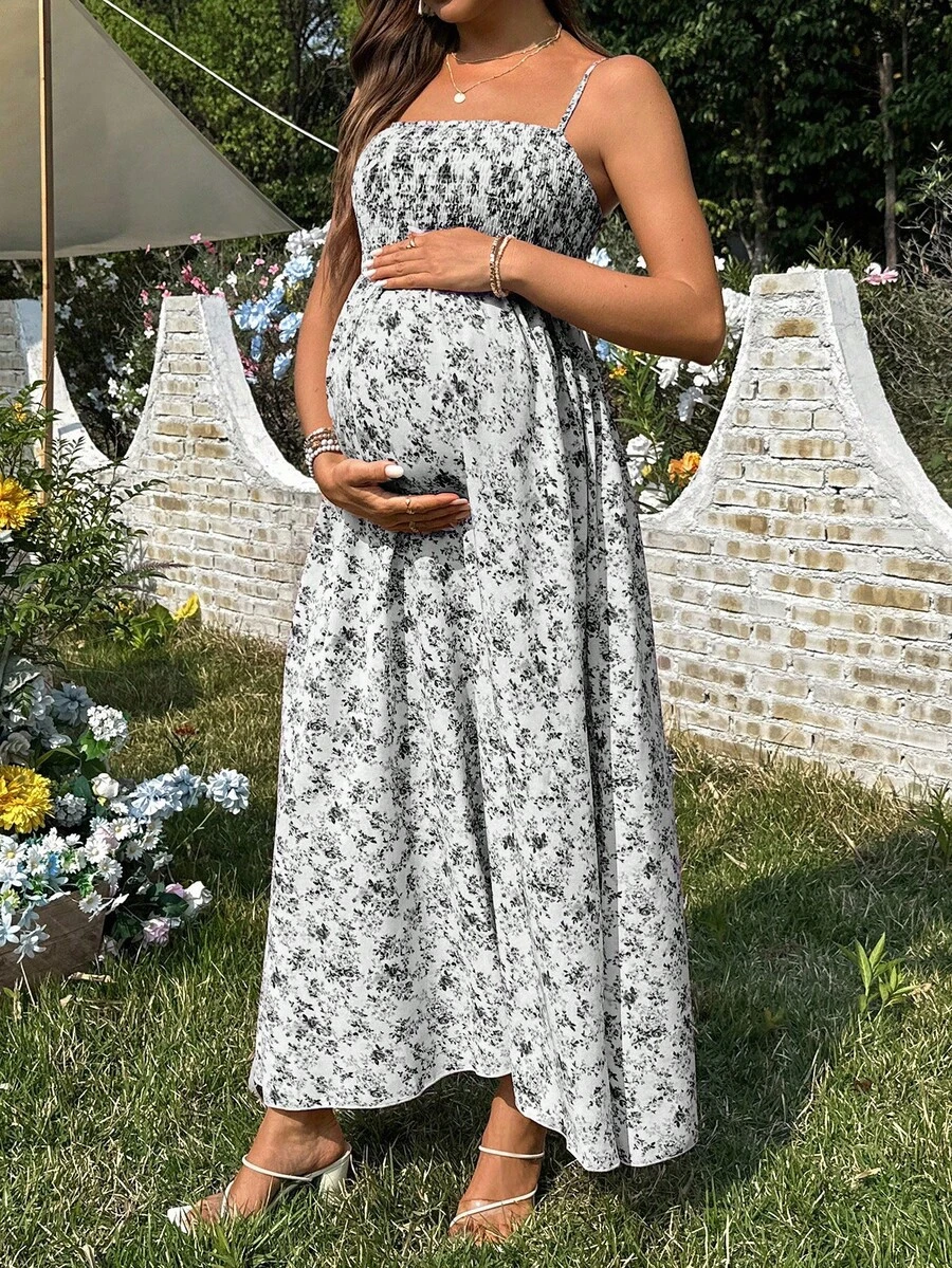 SHEIN 女款休閒碎花無袖孕婦洋裝 - 灰色 - 查看 1