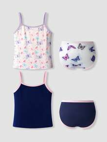 2 Sets Tween Girls Multi-Color Butterfly Print Sweet Soft Comfortable Simple Basic Long Camisole And Triangle Panties Underwear Set - Multicolor - View 2