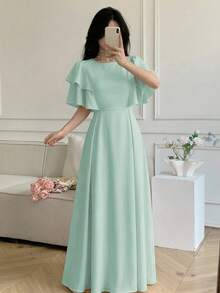 Celisse Round Neck Double Ruffle Sleeve Cinched Waist Back Zipper Long Dress For Women - Mint Blue - View 1