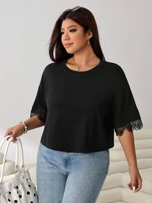 Solflare Kaos Wanita Ukuran Besar Warna Polos Leher Bulat Lengan Pendek Hitam Elegan untuk Kencan Malam Musim Panas - Hitam - View 6