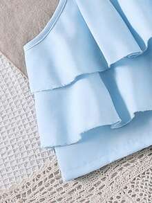 SHEIN Sparklyn Bộ đồ đi chơi cho bé gái tuổi teen, áo hai dây xếp tầng bèo nhún + quần ống rộng họa tiết hoa, thanh lịch cho đi chơi hàng ngày, đi biển, chụp ảnh - Màu xanh lam - Xem 4