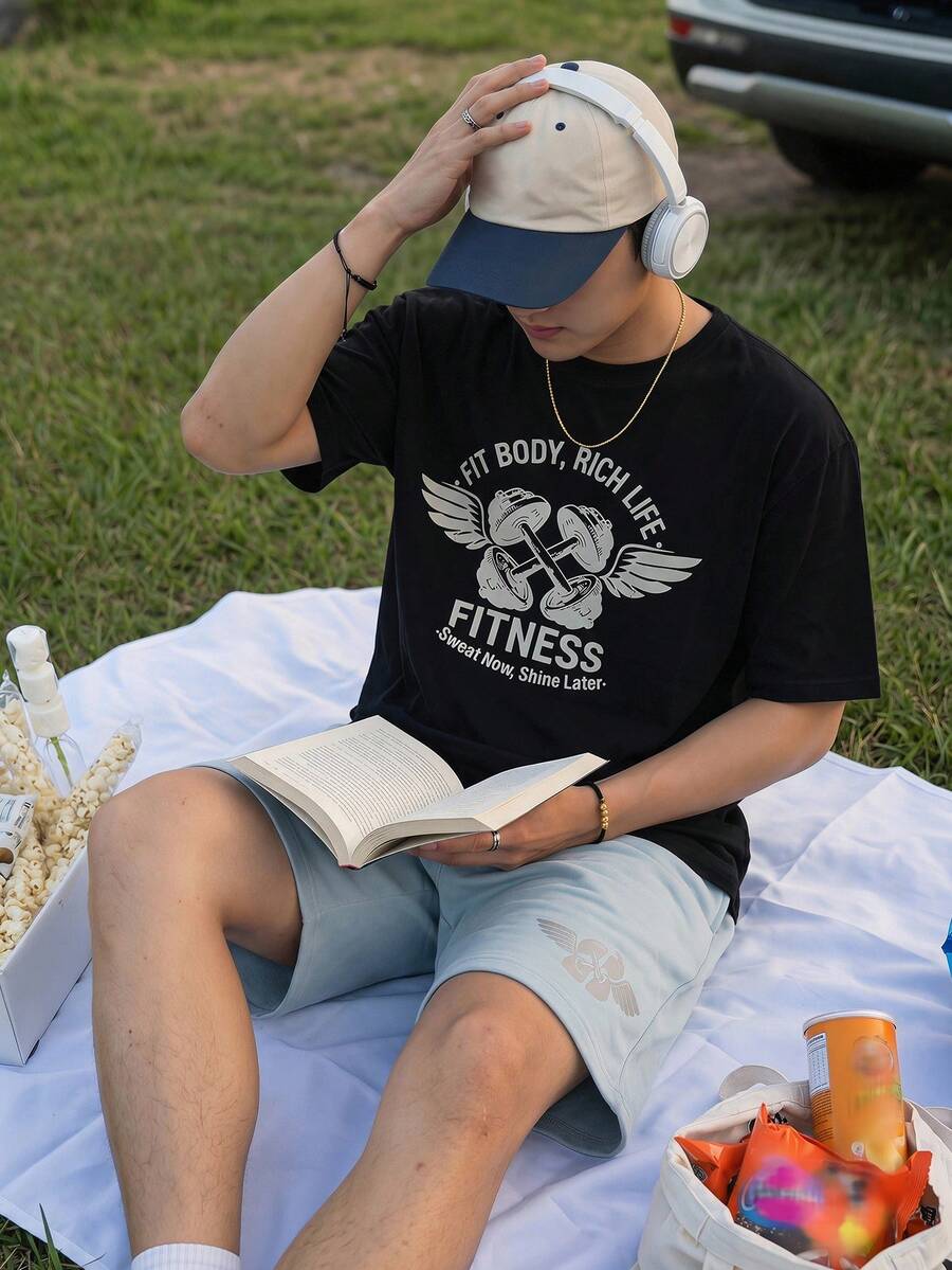 DAZY Men's Summer Casual Fashion Daily Commute Black Barbell Wing Letter Print Short Sleeve T-Shirt And Drawstring Waist Shorts Set - Multicolor - View 1