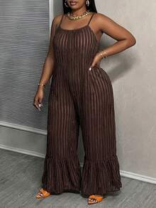 EMERY ROSE Plus Size Pleated Striped Jumpsuit, Loose Wide Leg Pants - Brown - View 8