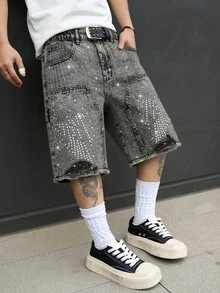 GALLERY FADE Men's Casual Street Rhinestone Distressed Slant Pocket Denim Shorts - Grey - View 1