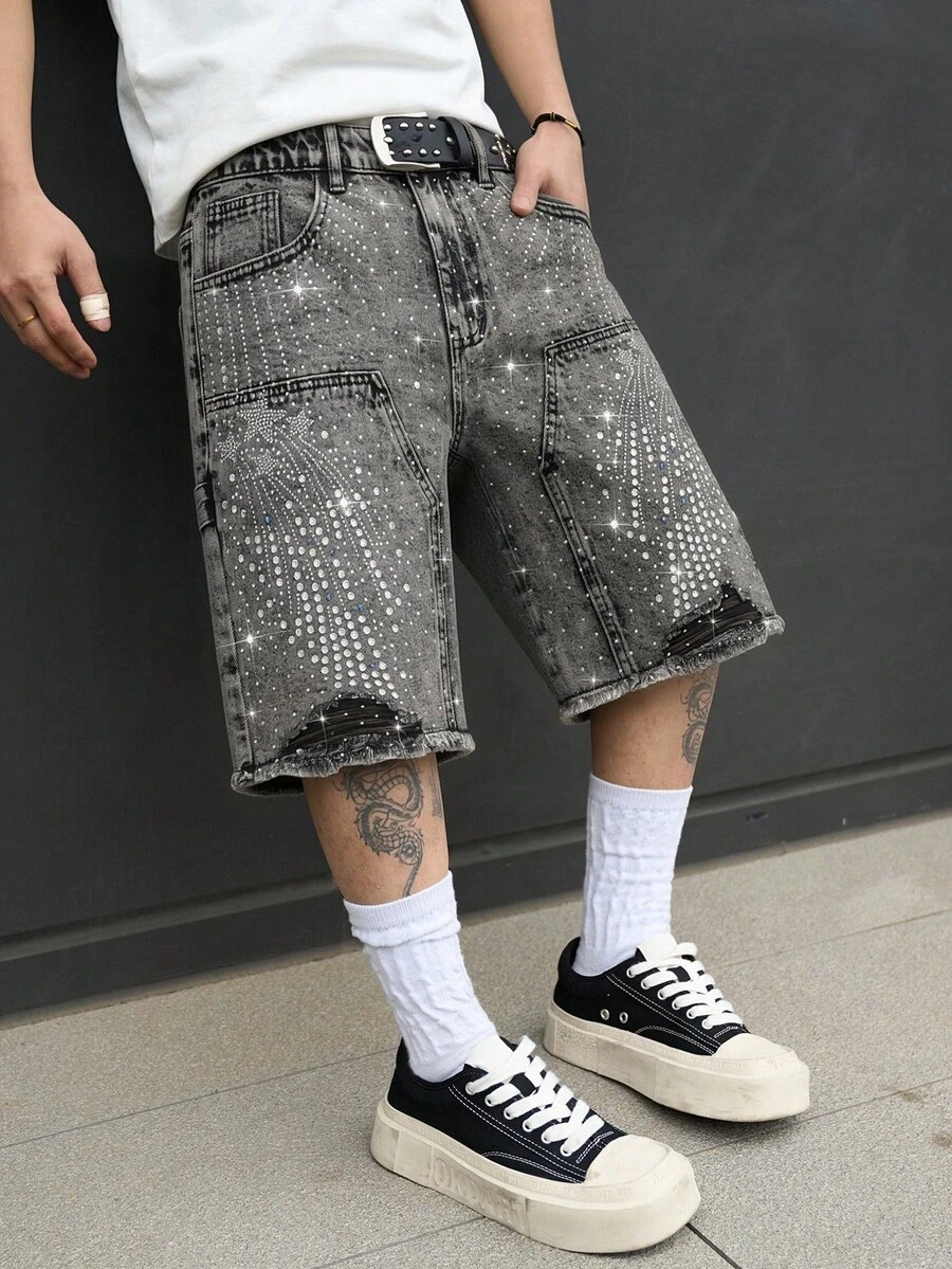 GALLERY FADE Men's Casual Street Rhinestone Distressed Slant Pocket Denim Shorts - Grey - View 1