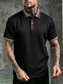 Manfinity Joysei Áo polo nam dệt kim jacquard màu trơn, cổ áo và tay áo có họa tiết, viền gân, kiểu dáng cổ điển 2 nút. - màu đen - Xem 1