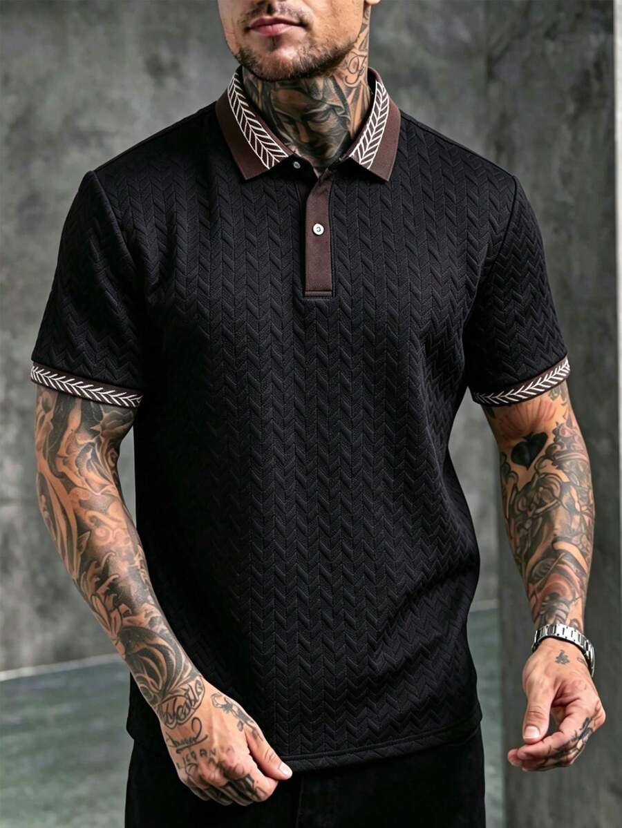 Manfinity Joysei Áo polo nam dệt kim jacquard màu trơn, cổ áo và tay áo có họa tiết, viền gân, kiểu dáng cổ điển 2 nút. - màu đen - Xem 1