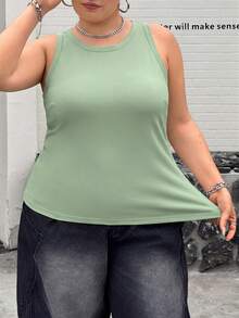 SHEIN CURVE+ Women's Plus Size Casual Basic Fitted White Round Neck Off-Shoulder Tank Top, Comfortable Summer Fabric - Green - View 3