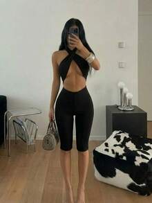 SHEIN ICON 女士纯色吊带系带性感休闲连体衣 - 黑色 - 查看 3