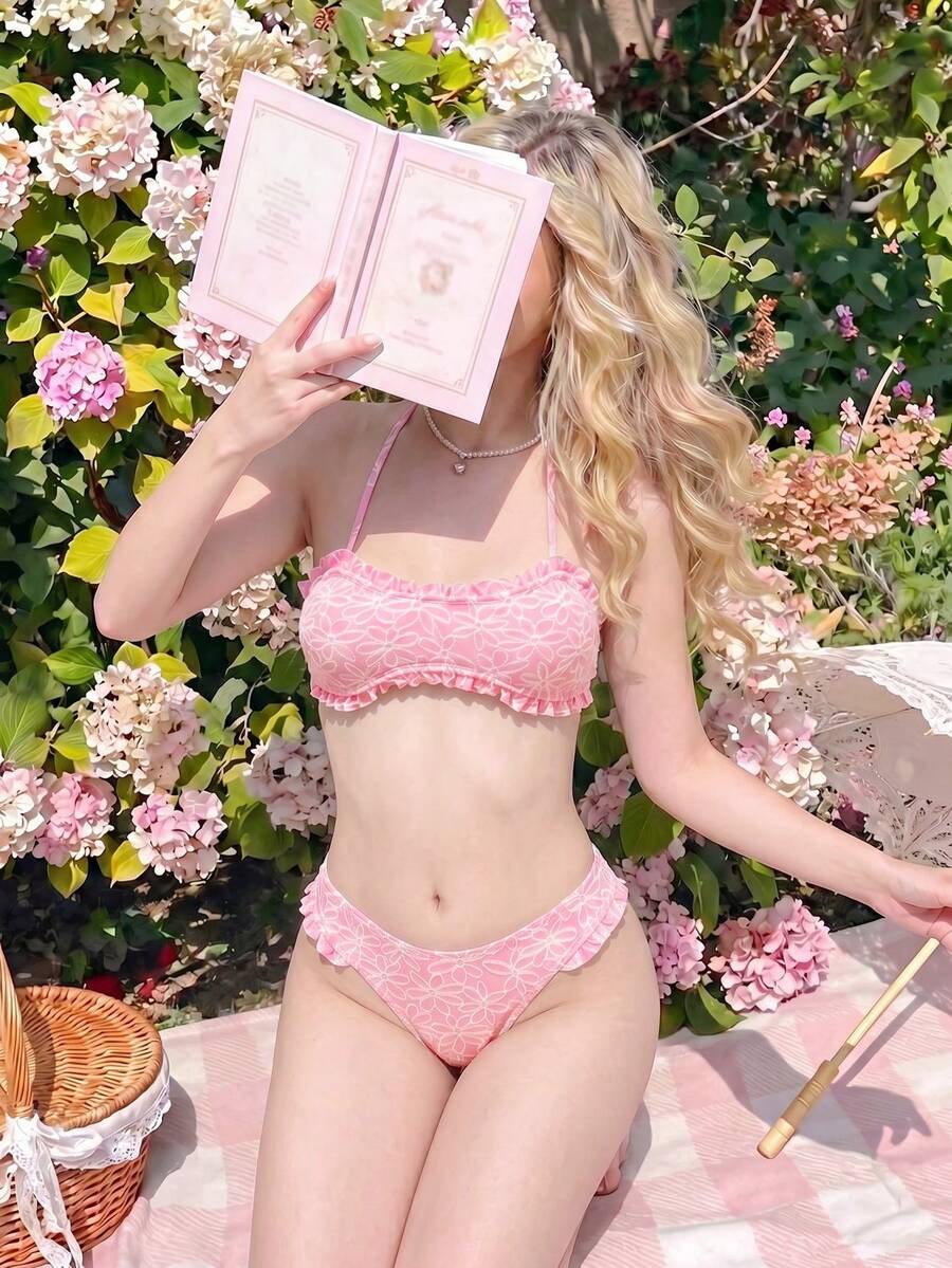 ROMWE Kawaii Set Bikini Wanita Musim Panas untuk Liburan Pantai Motif Bunga Tanpa Punggung dengan Tali Depan Warna Pink yang Lucu - Berwarna merah muda - View 1