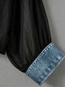 SHEIN LUNE Áo sơ mi nữ cổ bẻ tay raglan phối màu xanh, thắt nơ trước, thiết kế cúc, chất liệu bán xuyên thấu, phong cách tối giản thanh lịch lãng mạn, áo blouse trắng mặc đi làm, đi chơi, hẹn hò, du lịch mùa hè - màu đen - Xem 4