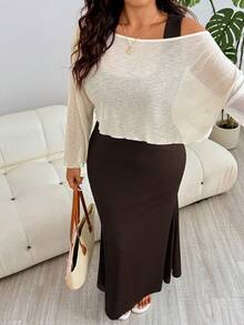 Solflare Plus Size Women's Summer Solid Color Fishtail Hem Square Neck Dress With Asymmetric Shoulder Cover-Up Top 2pcs Set Fall - Chocolate Brown - View 7