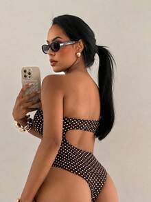 Swim SXY Summer Women's Standard Size Solid Color Asymmetrical Shoulder Cut-Out Gold Decor Beach Vacation One-Piece Swimsuit - Coffee Brown - View 2