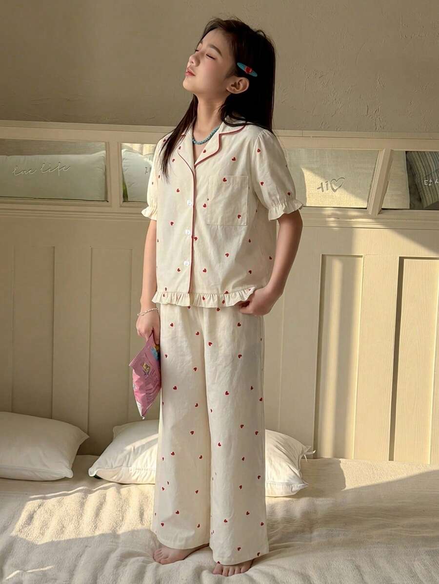 DAZY 青少年女孩愛心印花對比飾邊居家服套裝,適合秋冬春夏 - 杏色 - 查看 1