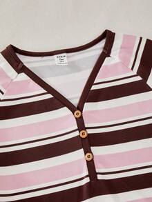 SHEIN Teen Girl Striped Patchwork Casual Versatile Daily Outing Short Sleeve T-Shirt - Pink - View 3