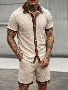 Manfinity CasualCool Conjunto de Camisas Casuais de Manga Curta Masculinas, Verão - Caqui - Visão 5