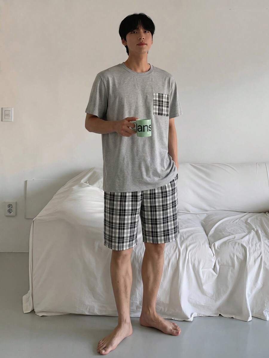 DAZY Men's Short Sleeve Patchwork Pocket Matching Shorts Pajama Set - Multicolor - View 1