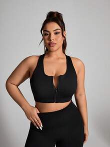 SHEIN Rhythm Era 女款大尺碼無縫黑色固定杯棉質拉鍊運動內衣 - 黑色 - 查看 6