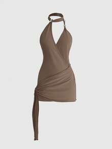 ROMWE Y2K Party Music Festival Outfit Asymmetrical Halter Deep V Waist Tie Mini Bodycon Dress - Coffee - View 3
