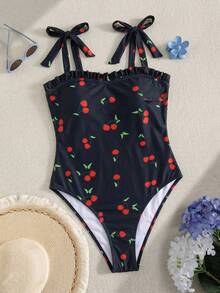 Swim Mod Đồ bơi một mảnh nữ size lớn họa tiết sọc xanh trắng, phong cách tối giản dễ thương, phối bèo ren thắt dây, phong cách đồng quê tươi mới, casual cho kỳ nghỉ bãi biển Xuân/Hè 2025 - màu đen - Xem 3