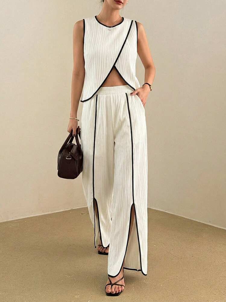 2pcs Women Casual Patchwork Round Neck Top And Pants Set, Suitable For Spring And Summer