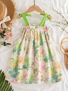 Elladie kids 1件女童夏季新款连衣裙，儿童刺绣印花露肩宽松连衣裙，带蝴蝶结设计，适合夏季海滩度假 - 綠色 - 查看 2