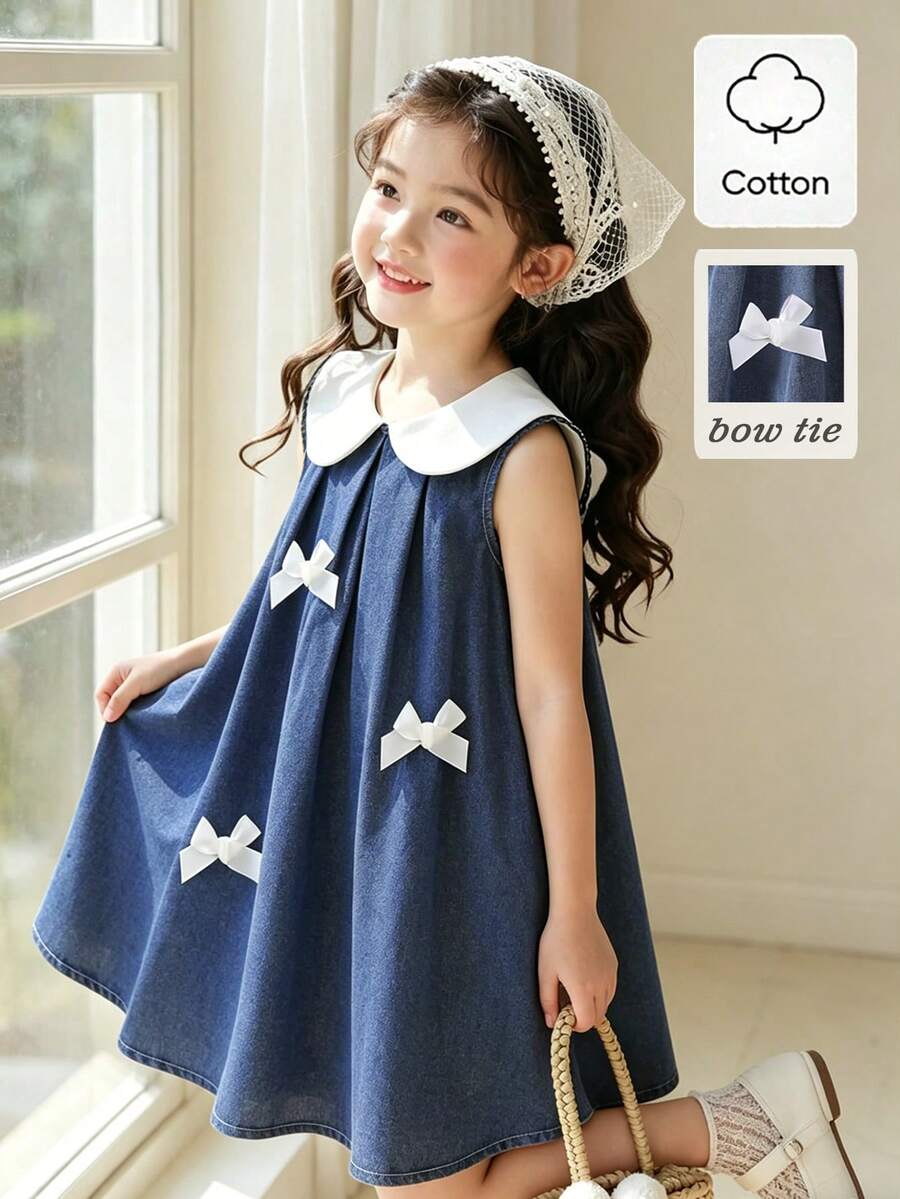 Elladie kids 新款优雅公主风女童连衣裙，正面饰有白色蝴蝶结，彼得潘领，蓝色牛仔面料直筒连衣裙，材质柔软，适合可爱迷人的年轻女孩。韩式简约风格，休闲舒适，适合日常、上学、外出、派对、度假等场合穿着，春夏皆宜。