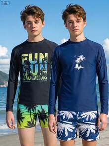 SHEIN 2件套青少年男童休闲度假印花长袖泳衣和泳裤 - 彩色 - 查看 2