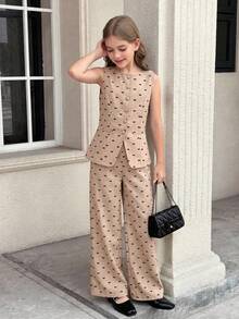SHEIN Tween Girl Commuting Casual Flocked Bow Sleeveless Top And Straight Leg Pants Set - Khaki - View 3