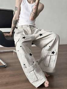ROMWE MEN Street Life Men's Casual Star Print Faux Snow Flake Pocket Sweatpants - White - View 8