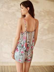 MOTF PREMIUM WOMEN'S COTTON PRINTED LACE PATCHWORK CAMISOLE TOP & SHORTS & LONG ROBE PAJAMA SET, SPRING/SUMMER - Blue - View 7