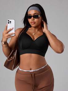 SHEIN Rhythm Era حمالة صدر رياضية ذات دعم عالي للمقاسات الكبيرة مع أكواب ثابتة، أشرطة قابلة للتعديل متقاطعة وإبزيم للخصر - الأسود - مشاهدة 1