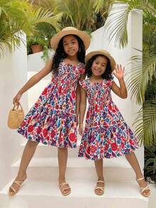 Vestido midi ajustado con estampado floral diminuto y colorido, adecuado para el Día de los Niños Mexicanos y la temporada de transición al verano para niñas jóvenes - Multicolor - Ver 4