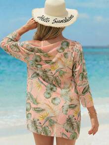 Vaclyn Summer Beach Tropical Print Spaghetti Strap Contrast Tropical Print Bikini Set & Kimono Vacation - Champagne - View 2