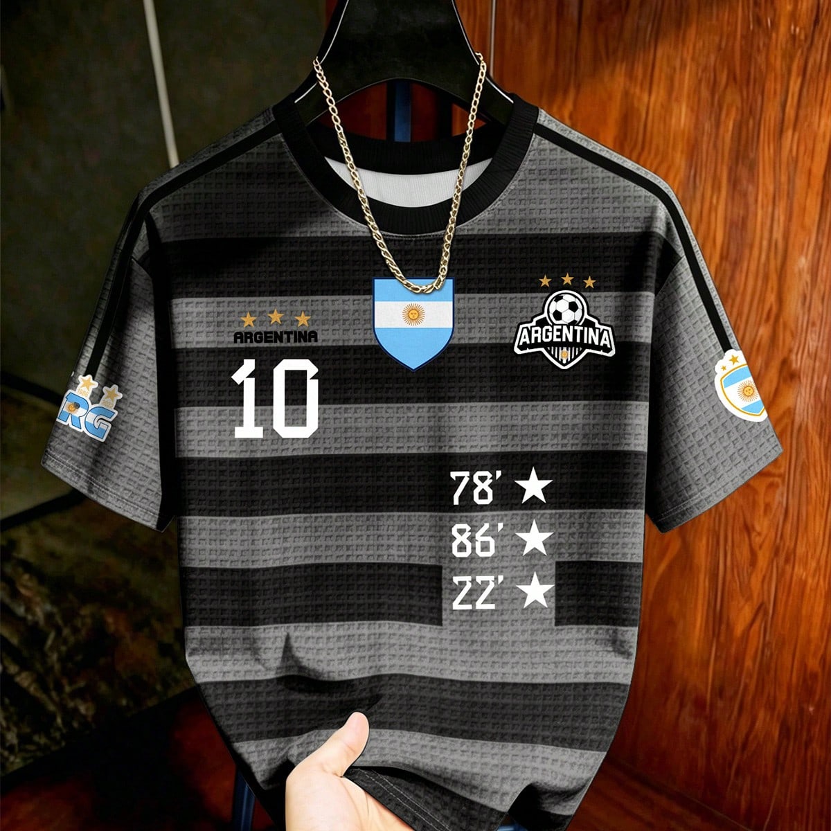 Camiseta de fútbol retro argentina para hombre, camiseta de verano casual gris con rayas y gráfico, camiseta deportiva de cuello redondo y manga cor
