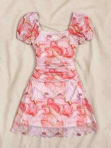 SHEIN Teen Girls Summer Casual Elegant Marble Print Dress Hot Pink Powder Marble Pattern Vacation - Multicolor - View 2