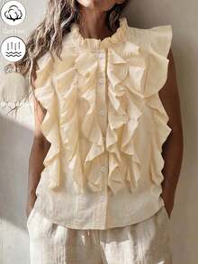 Balvessa Vacation Casual Style Linen Front Ruffle Detail Open Front Sleeveless Shirt - Apricot - View 1