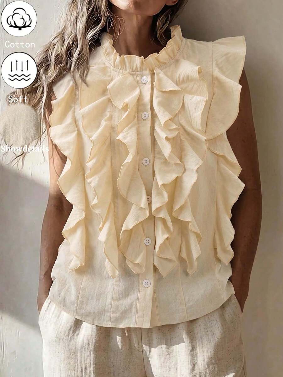 Balvessa Vacation Casual Style Linen Front Ruffle Detail Open Front Sleeveless Shirt - Apricot - View 1