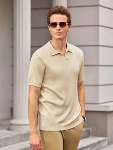 Officeau Sweater Rajut Lengan Pendek Kerah Polo Retro Pria, Sweater Lengan Pendek Kerah Pesawat Bergaris Vertikal Aprikot Baru, Pakaian Musim Panas - Aprikot - View 6