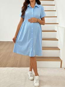 SHEIN 孕婦紋理單排扣短袖休閒度假洋裝 - 藍色 - 查看 7