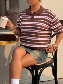 Muchica Plus Size Colorblock Striped Short Sleeve Knit Top - Brown - View 4