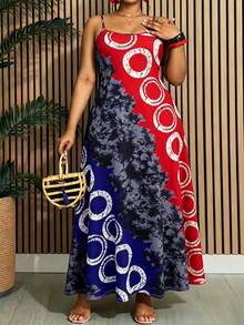 Villa Velisse Velvienne New Summer Spaghetti Strap Dress Geometric Colorful Placement Print All-Over Pattern Suitable For Daily Wear Outings Beach Vacation - Multicolor - View 1