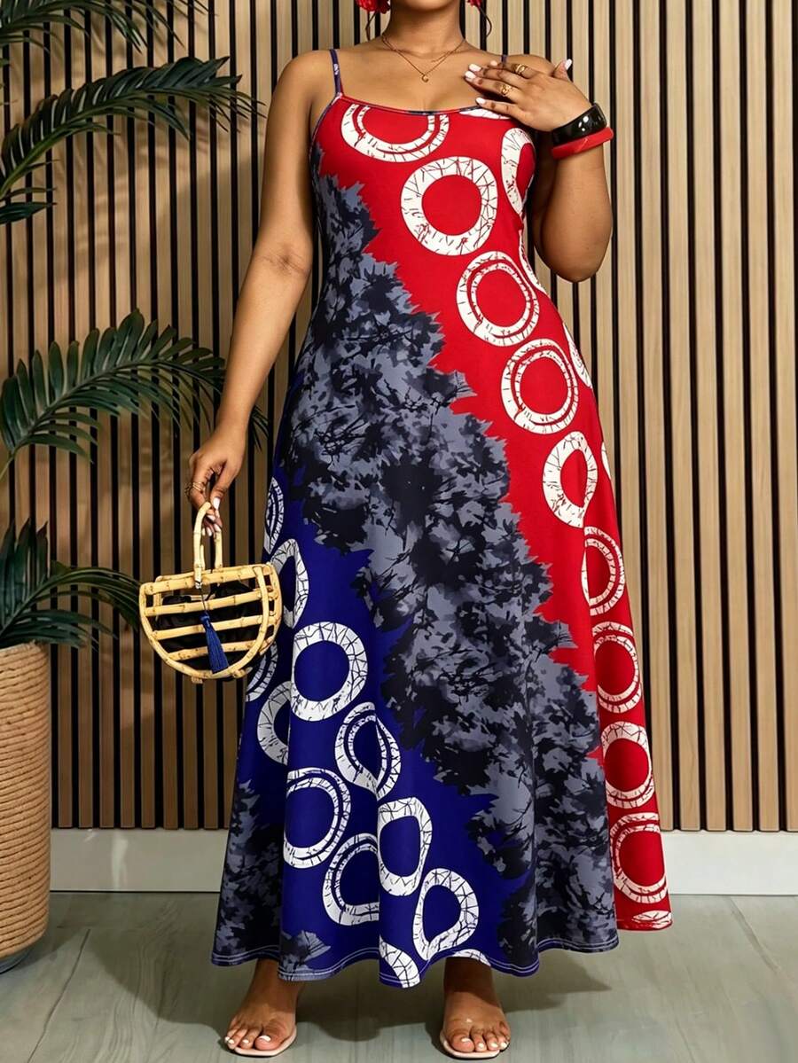 Villa Velisse Velvienne New Summer Spaghetti Strap Dress Geometric Colorful Placement Print All-Over Pattern Suitable For Daily Wear Outings Beach Vacation - Multicolor - View 1