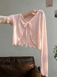Resyla Atasan Luar Pendek dengan Hiasan Rumbai Kayu dan Tali Pengikat - Baby Pink - View 3