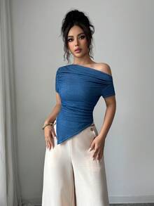 SHEIN Clasi 女款新款時尚不對稱肩短袖牛仔T恤 - 中等水洗藍 - 查看 5
